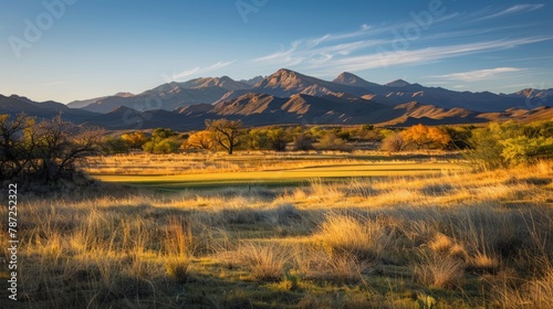 A grassy field with mountains in the background under the warm glow of the setting sun