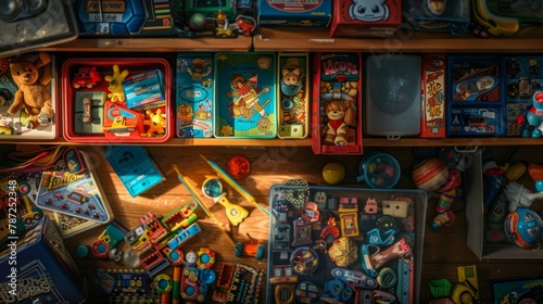 An overhead view of a variety of colorful vintage toys and board games neatly arranged on a shelf