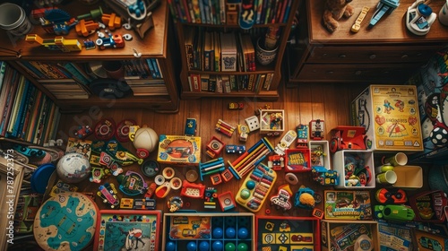 An overhead view of a room filled with an assortment of colorful toys and board games neatly arranged on a table