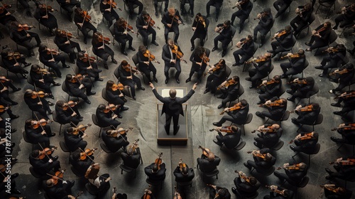 A conductor stands on a podium in front of a large group of orchestra members, leading them in a musical performance photo