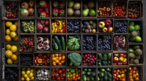A display case filled with an assortment of fresh fruits and vegetables arranged neatly in wooden crates