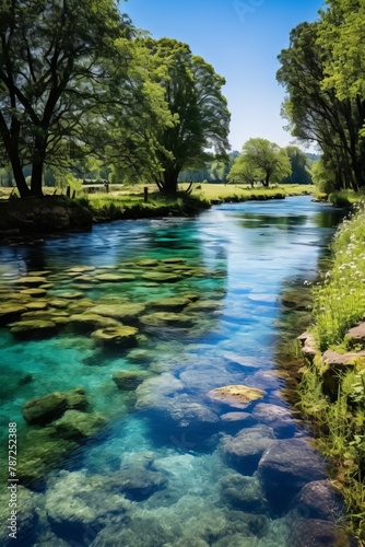 stones in the river under the shade of the trees