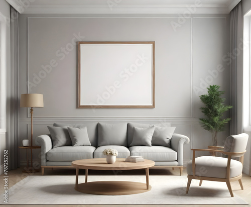 Modern bright interior with empty frame . 3D rendering 