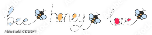 Cartoon cute honeybees flying on a dotted route of words honey, love and bee. Isolated illustration on white background. 