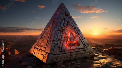 A glowing pyramid in the middle of the desert photo