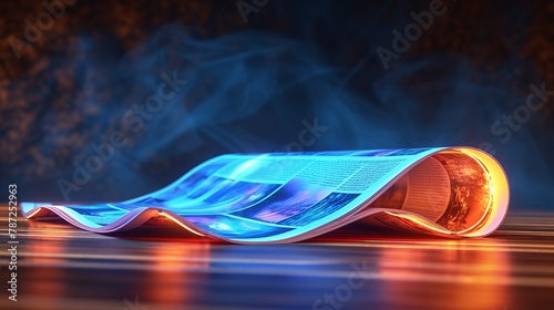 A magazine with a glowing blue cover laying on a wooden table photo