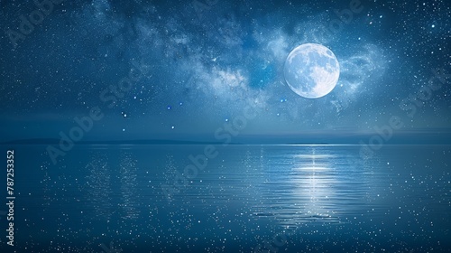 full moon over calm sea with starry night sky
