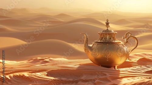 antique oriental gold teapot amidst vast desert dunes surreal concept illustration photo
