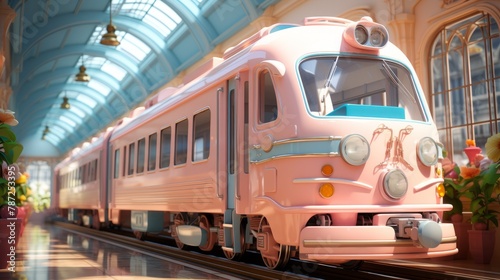 A pink and blue train sits in a station with a glass roof