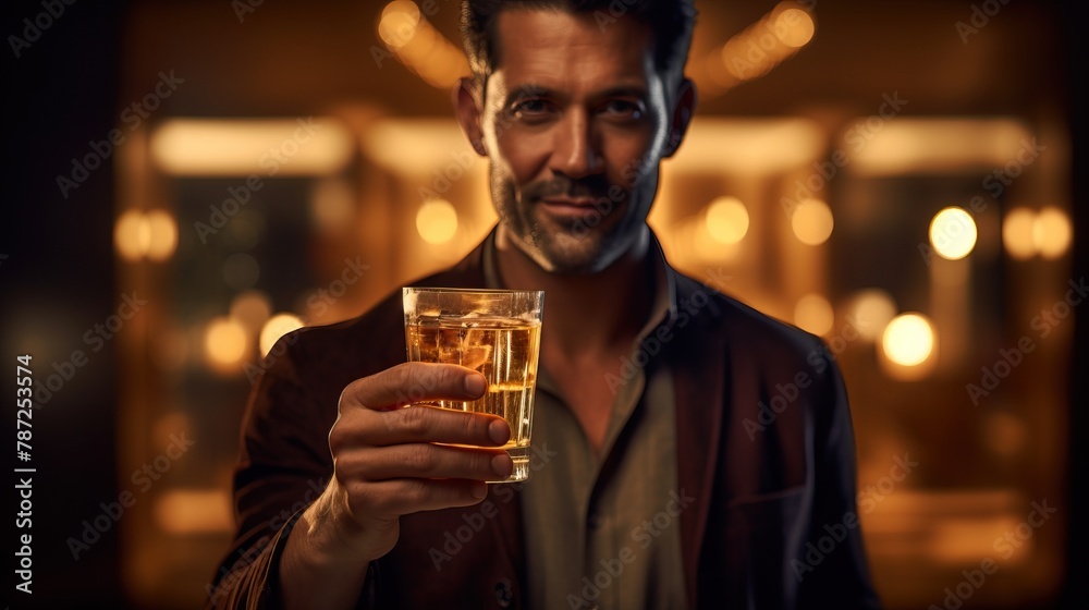 A man is offering a glass of whiskey to the camera