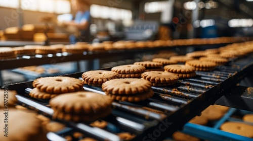 automated production line with conveyor belt making cookies in bakery or confectionery factory photo