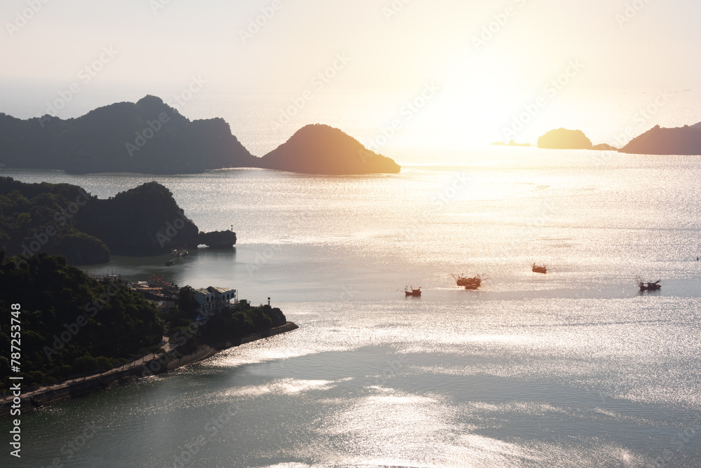 Sea landscape in Vietnam with many small islands. View from above