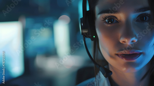 Call center agent with headset working on support hotline in modern office with copy space Portrait of mature positive agent in conversation with customer over headset looking at camer : Generative AI photo