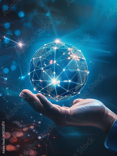 A hand holding a glowing globe with a network of connections.