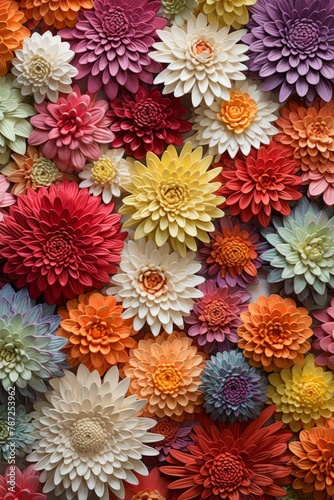 Colorful 3D flowers of different sizes and colors arranged together