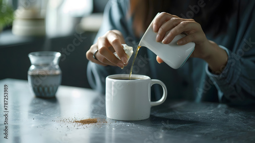 A woman adds instant coffee to a white mug on grey stone table Copy space : Generative AI photo