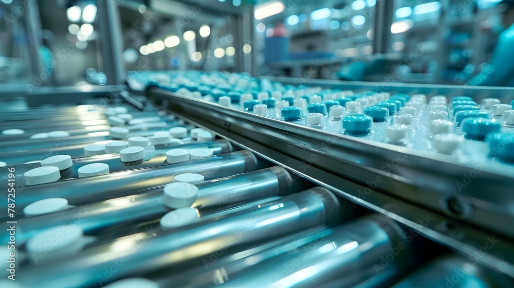 Automated Pharmaceutical Production: Conveyor Belt Transports Pills to Packaging Automated Pharmaceutical Production: Conveyor Belt Transports Pills to Packaging
