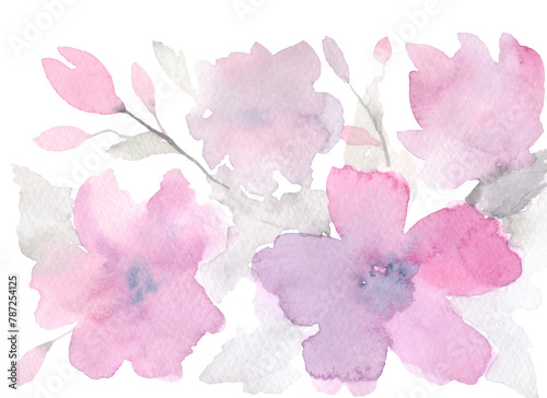 Watercolor illustration of delicate pink lilac flowers and leaves on a white background, hand-drawn. A template for a holiday, invitations, greetings, postcards, weddings. A blooming floral background