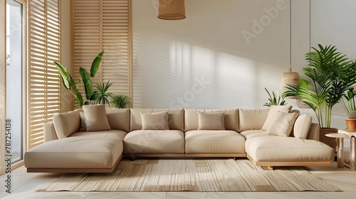 cozy and inviting living room interior with large sectional sofa natural wood accents and indoor plants 3d rendering