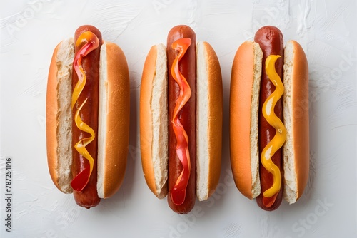 Hot dogs presented against a white isolated background in foodgraphy