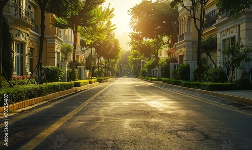road street with background building architecture luxury, light day, sunrise, cinema photography © Pter