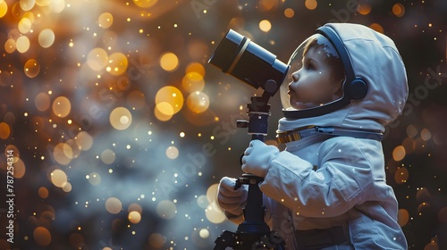 A child gazing at the stars through a telescope and dreaming of exploring outer space as a future astronaut photo