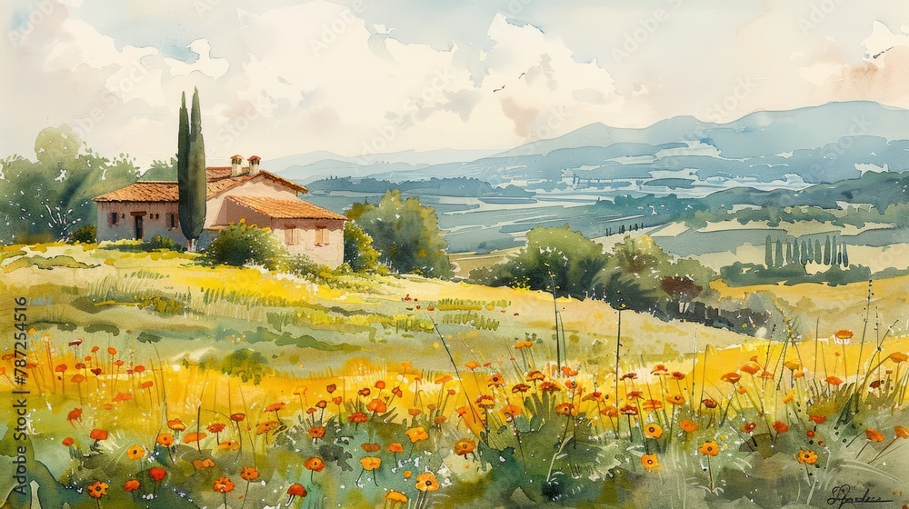 watercolor painting of a rural Italian landscape with a house in the distance