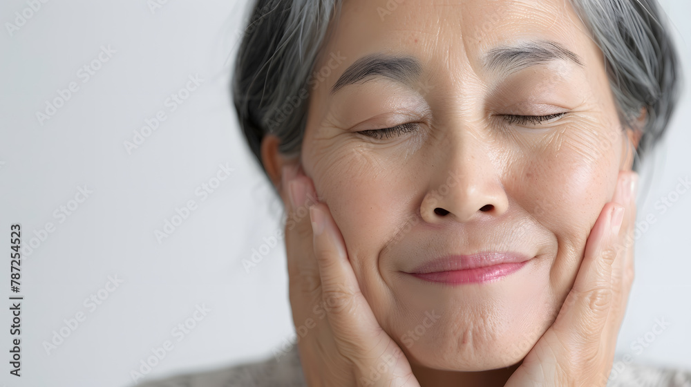 Portrait of gorgeous happy middle aged mature cheerful asian woman senior older 50s lady pampering her face eyes closed isolated on white Ads of lifting anti wrinkle skin care spa Copy : Generative AI Portrait of gorgeous happy middle aged mature cheerful asian woman senior older 50s lady pampering her face eyes closed isolated on white Ads of lifting anti wrinkle skin care spa Copy : Generative AI