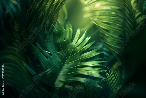 Close-up of lush green tropical leaves in a jungle
