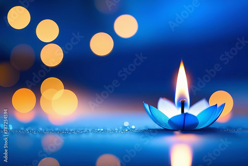 Vesak holiday background with lotus flower candle on golden blue bokeh background. Vesak Day backdrop