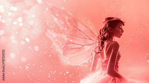 Epic photoshot of a whimsical fairy princess with sparkling wings, against a soft pink studio background.


 photo