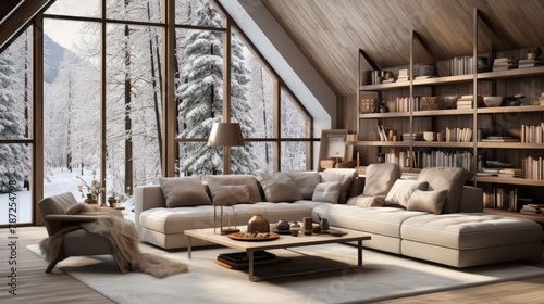 A cozy living room with a view of the snowy forest © Adobe Contributor