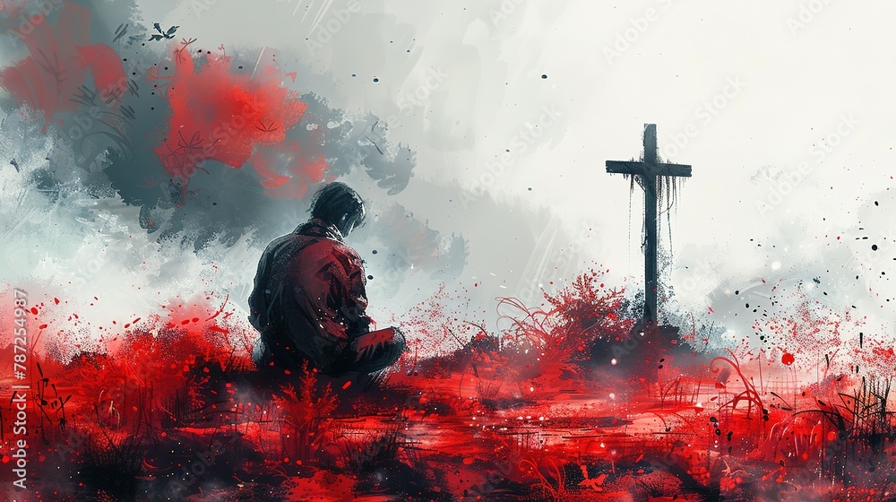 Man kneeling and praying in front of the cross. Digital watercolor painting - obrazy, fototapety, plakaty 