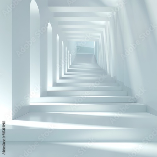 3D rendering of a futuristic hallway with stairs photo