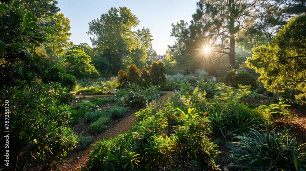 Soft sunlight shines through lush trees in a garden filled with various plants