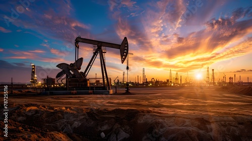 Industrial Oil Pump Jack at Sunset with Dramatic Sky, Energy Extraction and Fuel Production Concept with Copy Space. AI