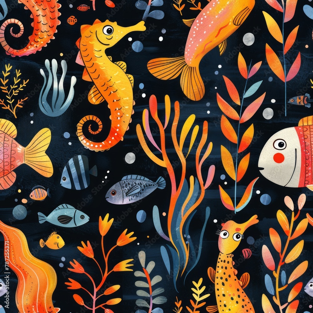 Underwater world with cute fish and seahorses Underwater world with cute fish and seahorses