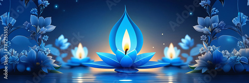 Vesak holiday background with blue lotus flower candle background. Vesak Day backdrop. Web banner