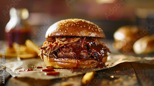 A close-up view of a pulled pork sandwich topped with barbecue sauce, served with French fries on a table