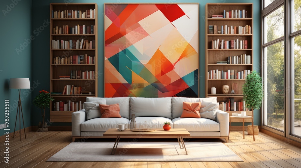 vibrant geometric artwork adorns living room with blue walls and white sofa