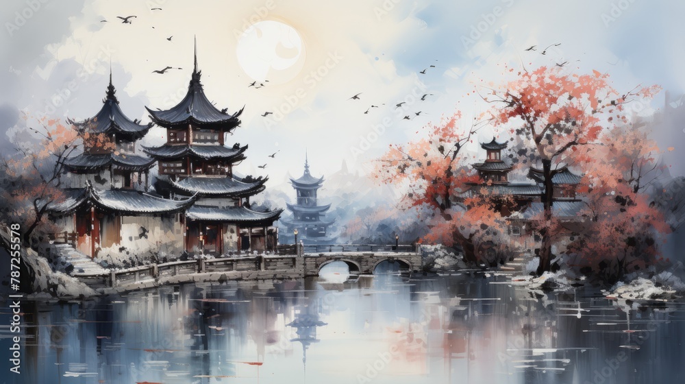 Obraz premium An illustration of a Chinese landscape with a lake, bridge, and pagoda