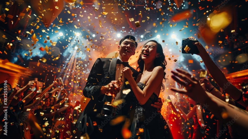 An Asian man and woman stand on stage, surrounded by a crowd of golden confetti falling around them