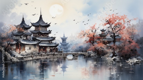 An illustration of a Chinese landscape with a lake, bridge, and pagoda © Adobe Contributor