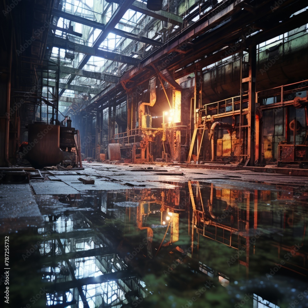 rusty factory building with puddles on the floor