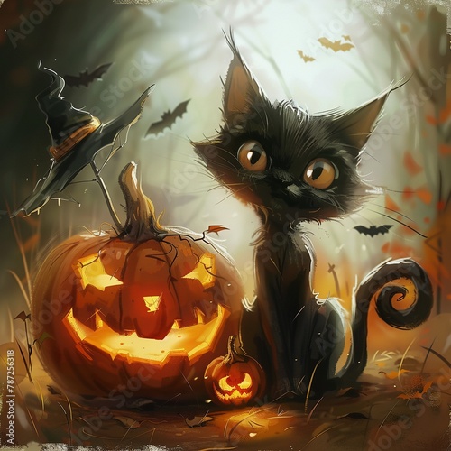 cat and jack olantern pumpkin happy halloween photo