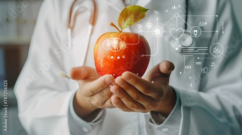 Healthcare professional showcasing shiny red apple with digital health icons. Conceptual stock image implying healthy eating, modern medical approach, and wellness. AI