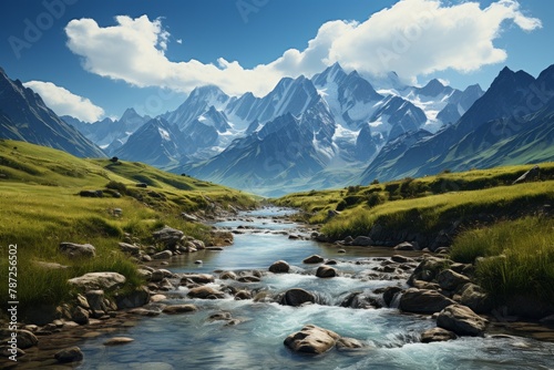 A beautiful landscape of a mountain valley with a river running through it