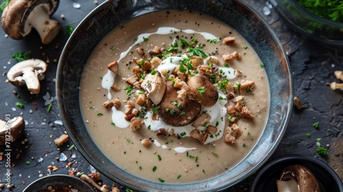 Top-down view of a bowl of soup filled with mushrooms and topped with a dollop of sour cream