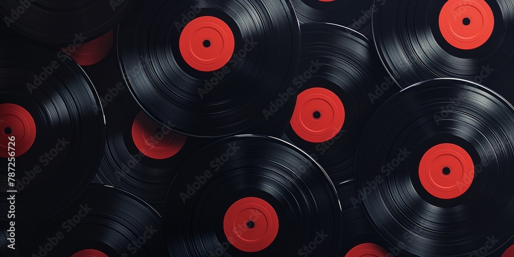 An array of vinyl records with eye-catching red labels stand out against a dark, moody background, invoking retro music vibes An array of vinyl records with eye-catching red labels stand out against a dark, moody background, invoking retro music vibes