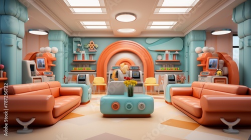 A retro futuristic diner with orange and blue pastel colors and large windows